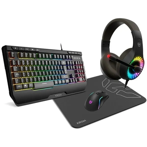 Pack Gaming Krom kenya/ Teclado RGB + Ratón Óptico + Alfombrilla + Auriculares