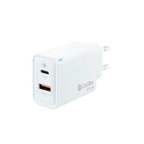 CoolBox Cargador USB-C de 45W con tecnología GaN QC3.0 + USB-A ( Smartphones/Tablets)