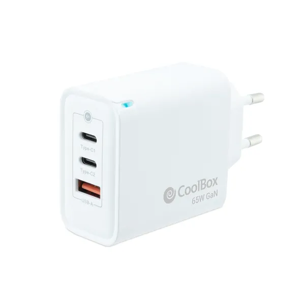 CoolBox Cargador USB-C Doble de 65W con tecnología GaN QC3.0 + USB-A ( Smartphones/Tablets/Portatiles)