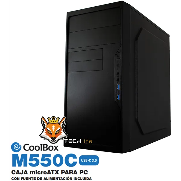 CoolBox Caja Micro ATX M550 con USB-C Negro, con Fuente de Alimentación 500W Silent