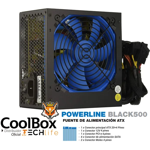 CoolBox PowerLine Black 500W Fuente de alimentación ATX, cables mallados largos