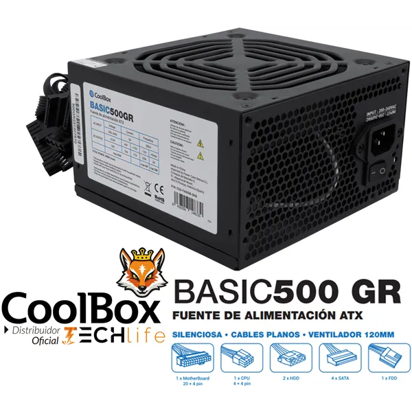 CoolBox 500GR Black 500W Fuente de alimentación ATX Silent, Ventil 120mm