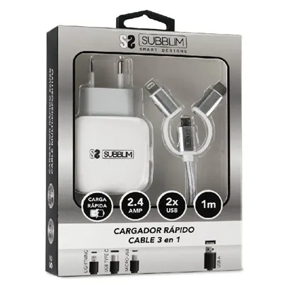 Cargador de Pared Subblim SUB-CHG-1ZWC01/ 2xUSB + Cable 3 en 1/