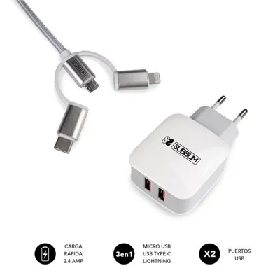 Cargador de Pared Subblim SUB-CHG-1ZWC01/ 2xUSB + Cable 3 en 1/