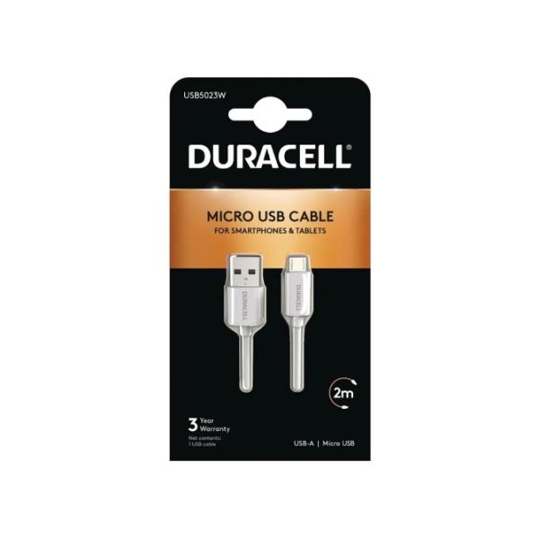 Cable USB 2.0 Duracell USB5023W/ USB Macho - MicroUSB Macho/ 2m/ Blanco