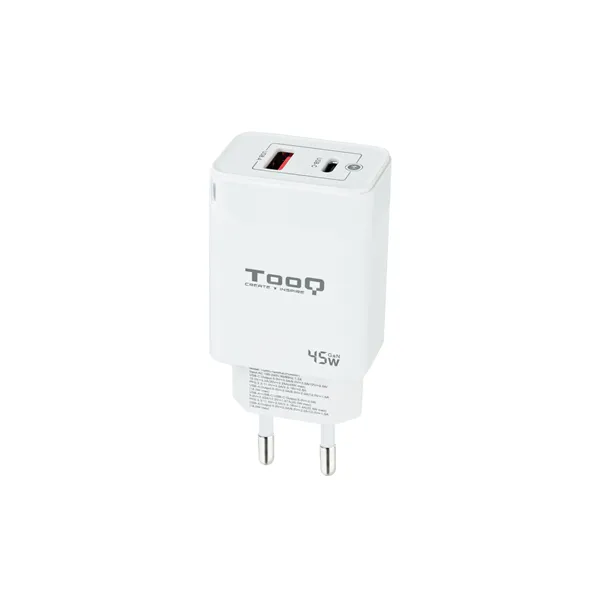 Cargador Gan de Pared TooQ TQWC-GANQCPD45WT/ 1xUSB Tipo-C/ 1xUSB/ 45W