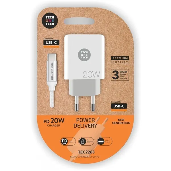 Cargador de Pared Tech One Tech TEC2263/ 1xUSB Tipo-C + Cable USB Tipo-C/ 3A/ Blanco