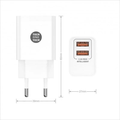 Cargador de Pared Tech One Tech TEC2403/ 2xUSB + Cable USB