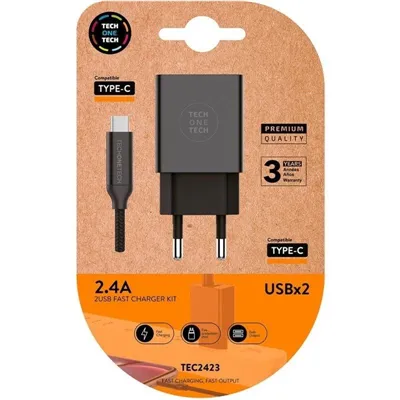 Cargador de Pared Tech One Tech TEC2423/ 2xUSB + Cable USB