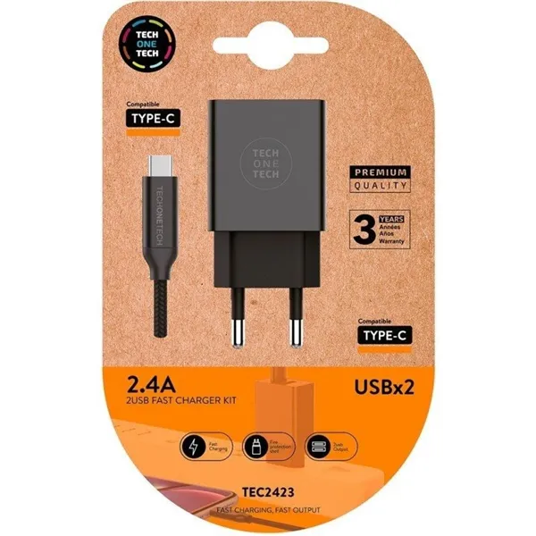 Cargador de Pared Tech One Tech TEC2423/ 2xUSB + Cable USB Tipo-C/ 2.4A/ Negro