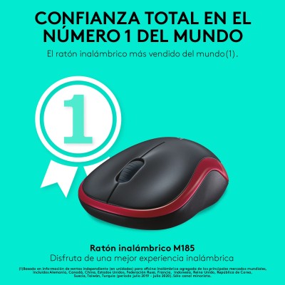 Logitech M185 Negro/Rojo - Ratón inalámbrico mediano 1000 DPI