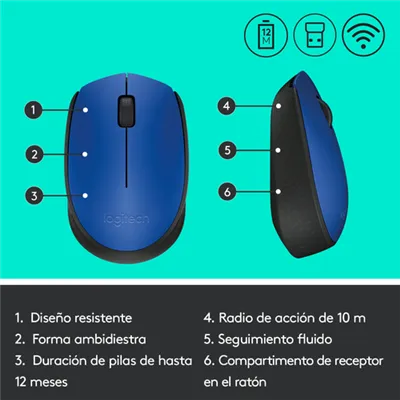 Logitech M171 Azul/Negro Ratón Inalámbrico, 2 botones, 1000 dpi