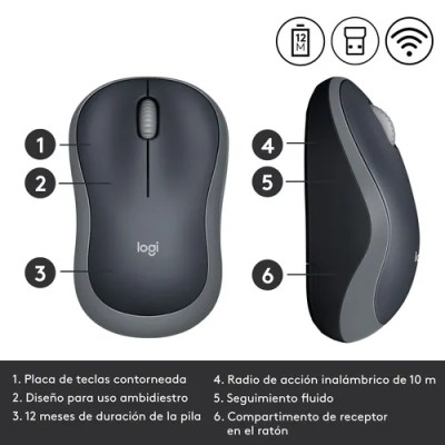 Logitech M185 Negro y Gris -Ratón inalámbrico mediano 1000 DPI