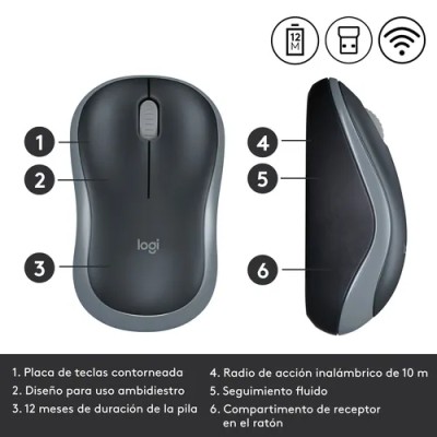 Logitech M185 Negro/Gris - Ratón inalámbrico mediano 1000 DPI