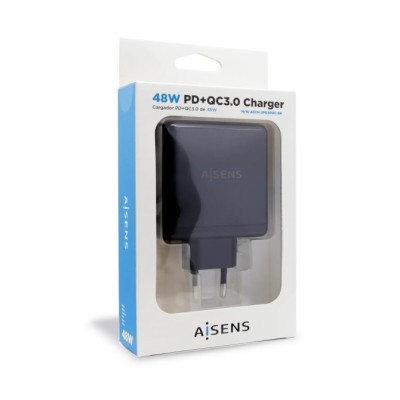 Cargador de Pared Aisens ASCH-2PD30QC-BK/ 1xUSB Tipo-C/ 1x USB/