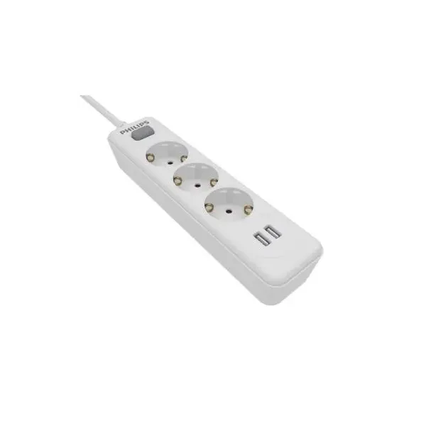 Regleta con Interruptor Philips SPN3032WA/10/ 3 Tomas de corriente/ 2 USB/ Cable 2m/ Blanca