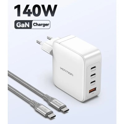 Cargador Gan de Pared Vention FEIW0-EU/ 3xUSB Tipo-C + Cable