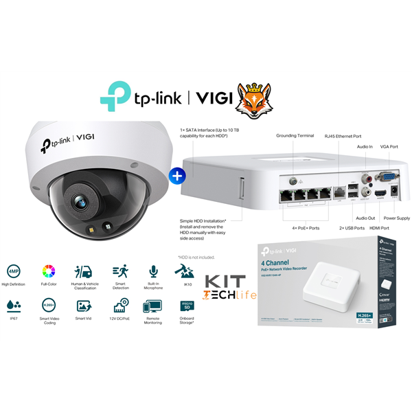 TP-Link KIT VIGI NVR1104H-4P VideoGrabador NVR con PoE+ de 4 canales + VIGI C240 Cámara IP dome Full Color de 4MP