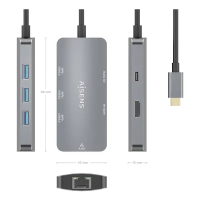 Docking USB Tipo-C Aisens ASUC-6P019-GR/ 1xHDMI/ 3xUSB/ 1xRJ45/