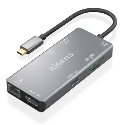 Docking USB Tipo-C Aisens ASUC-9P018-GR/ 2xHDMI/ 3xUSB/ 1xRJ45/