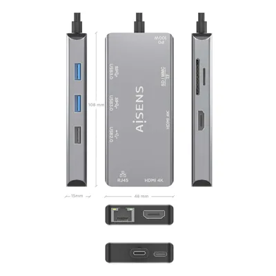 Docking USB Tipo-C Aisens ASUC-9P018-GR/ 2xHDMI/ 3xUSB/ 1xRJ45/