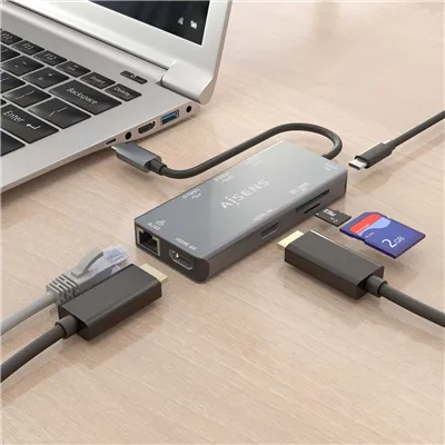 Docking USB Tipo-C Aisens ASUC-9P018-GR/ 2xHDMI/ 3xUSB/ 1xRJ45/