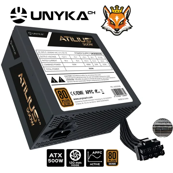 Unykach ATILIUS 2.0 BLACK 500W 80+ Bronze F.Alimentacón Ultra Silent 120mm (PCIe 6+2) CPU 4+4