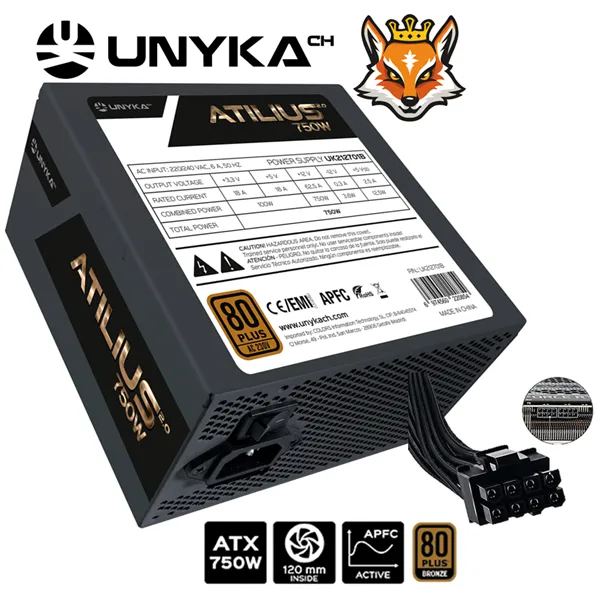 Unykach ATILIUS 2.0 BLACK 750W 80+ Bronze F.Alimentacón Ultra Silent 120mm (PCIe 6+2) CPU 4+4