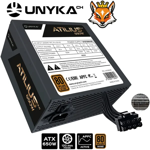 Unykach ATILIUS 2.0 BLACK 650W 80+ Bronze F.Alimentacón Ultra Silent 120mm (PCIe 6+2) CPU 4+4