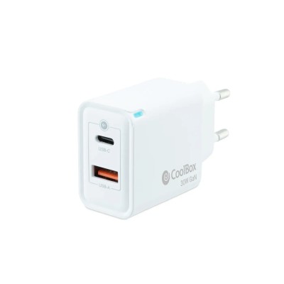 CoolBox Cargador USB-C de 30W con tecnología GaN QC3.0 + USB-A