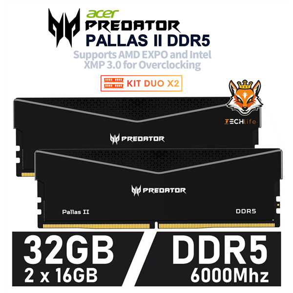 Acer Predator Pallas II Black KIT 32GB DDR5 a 6000MHz CL32 1.35v XMP (2x16GB)