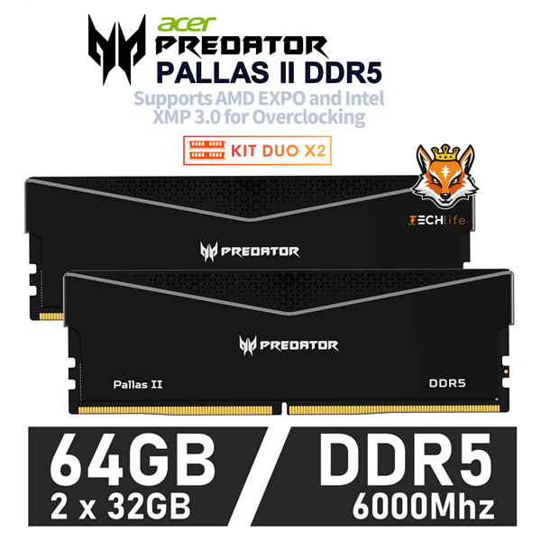 Acer Predator Pallas II Black KIT 64GB DDR5 a 6000MHz CL30 1.35v XMP (2x32GB)