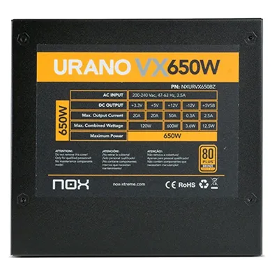 Nox Urano VX 650W 80 Plus Bronce, ventilador 140mm