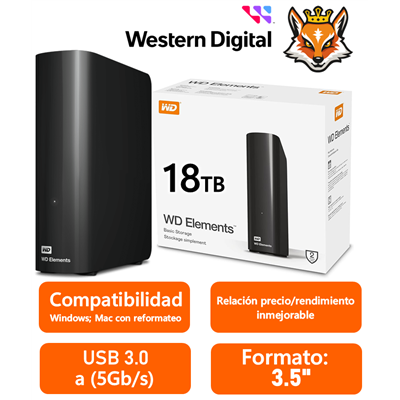 WD Elements Desktop 18TB 3.5" USB 3.0 Negro Disco Duro Externo