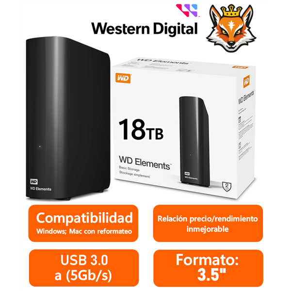 WD Elements Desktop 18TB 3.5" USB 3.0 Negro Disco Duro Externo