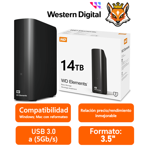 WD Elements Desktop 14TB 3.5" USB 3.0 Negro Disco Duro Externo