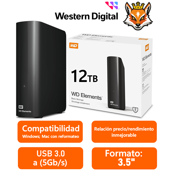 WD Elements Desktop 12TB 3.5" USB 3.0 Negro Disco Duro Externo