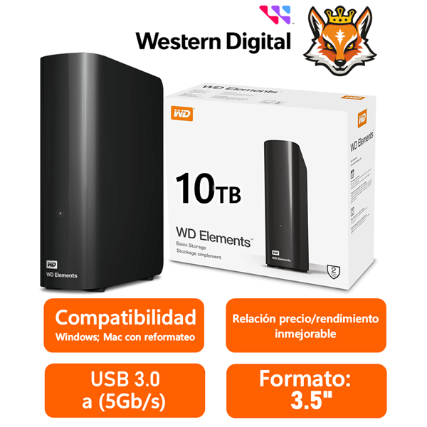 WD Elements Desktop 10TB 3.5" USB 3.0 Negro Disco Duro Externo