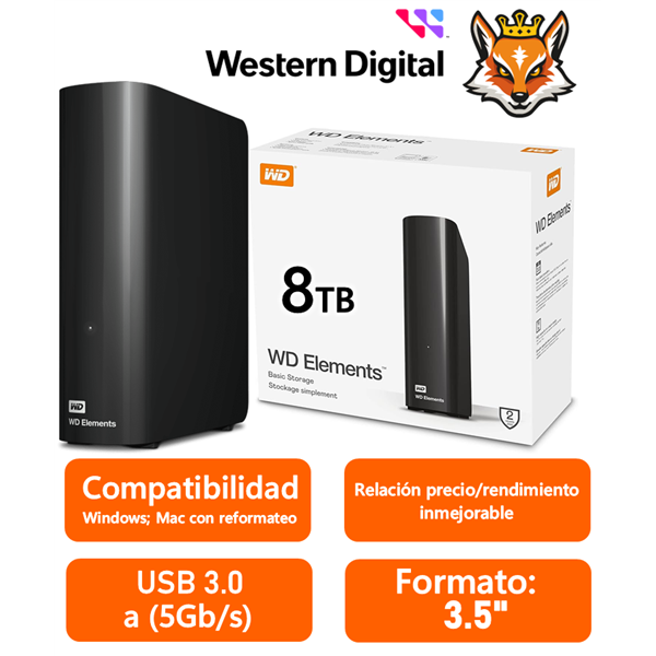 WD Elements Desktop 8TB 3.5" USB 3.0 Negro Disco Duro Externo