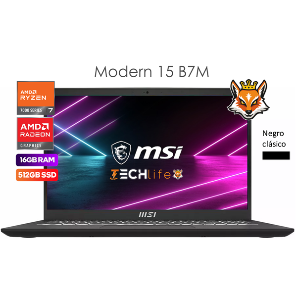 MSI Modern 15 B7M-247XES Black AMD Ryzen 7-7730u 16GB 512GB SSD 15.6" FreeDOS