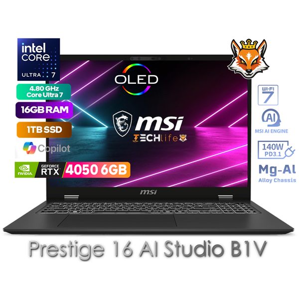 MSI Prestige 16 AI Studio B1VEG-026ES Intel Core Ultra 7-155H 16GB 1TB SSD RTX4050 16" QHD+W11