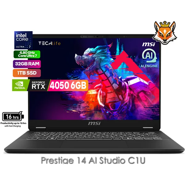 MSI Prestige 14 AI Studio C1VEG-015ES Intel Core Ultra 7 155H 32GB 1TB RTX4050 14" W11