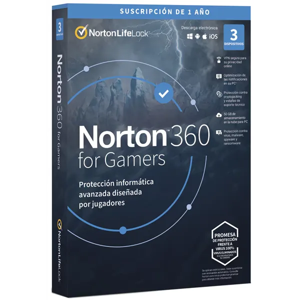 Norton 360 for Gamers 2024 | 3 Dispositivos + 50GB Nube PC/Mac/Android/iOS | 1 año | Soporte físico