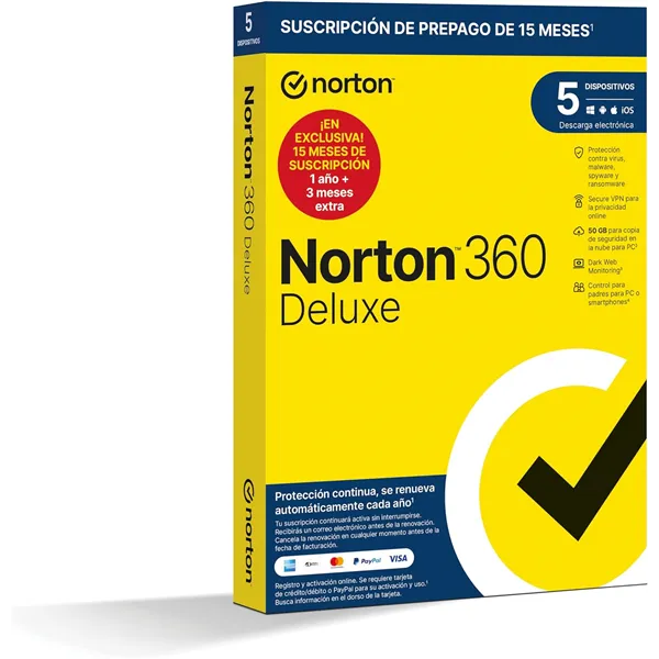 Norton 360 Deluxe 2024 | 5 Dispositivos + 50GB Nube PC/Mac/Android/iOS | 1 año | Soporte físico