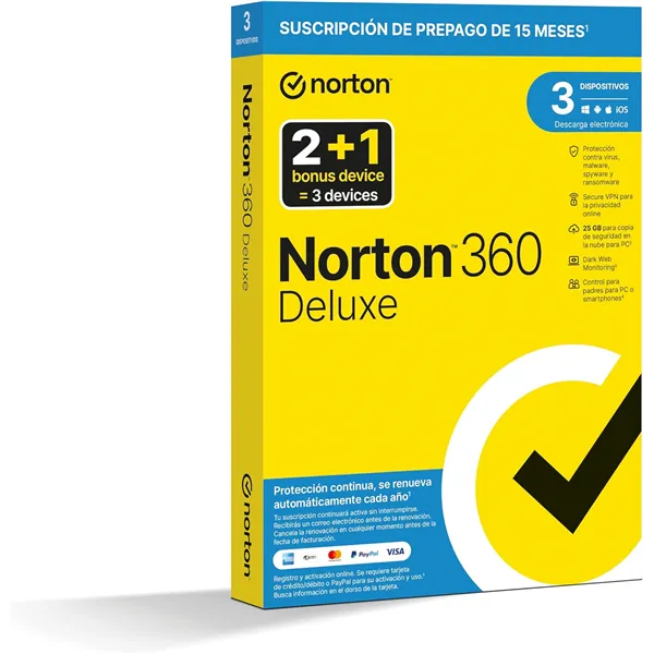 Norton 360 Deluxe 2024 | 3 Dispositivos + 25GB Nube PC/Mac | 1 año | Soporte físico