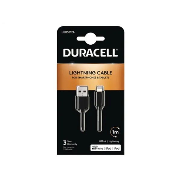 Cable USB Lightning Duracell USB5012A/ USB Macho - Lightning Macho/ 1m/ Negro