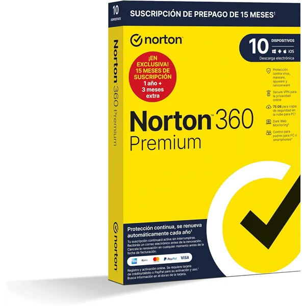 Norton 360 Premium 2024 | 10 Dispositivos + 75GB Nube PC/Mac | 1 año | Soporte físico