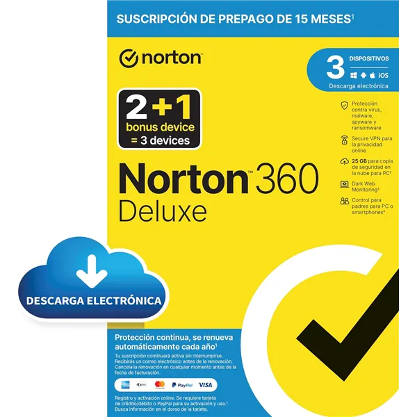 Norton 360 Deluxe 2024 | 3 Dispositivos + 25GB Nube PC/Mac | 1 año | Descarga/email