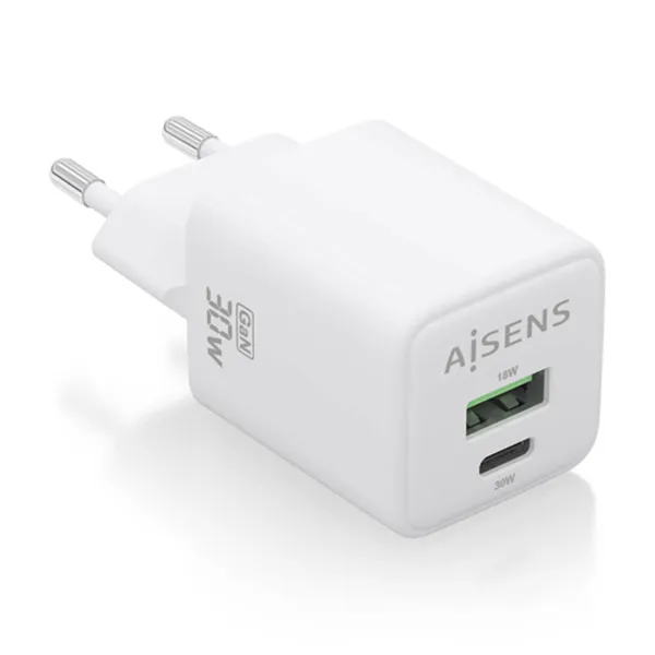 Cargador Gan de Pared Aisens ASCH-30W2P037-W/ 1xUSB Tipo-C/ 1xUSB/ 30W