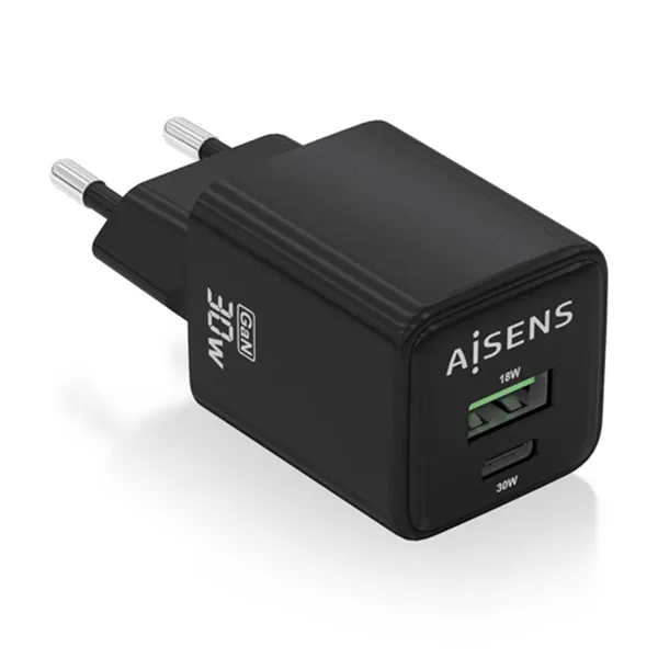 Cargador Gan de Pared Aisens ASCH-30W2P038-BK/ 1xUSB Tipo-C/ 1xUSB/ 30W